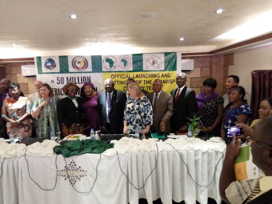 The Minister of Gender, Children and Social Protection, Hon. Williametta E. Saydee-Tarr flanked by the Country Team Members, H.E. Tunde Ajisomo, ECOWAS Special Representative to Liberia and other diplomats and dignitaries during the official launch of the ECOWAS 50 Million African Women Speak Platform Project in Monrovia, Liberia